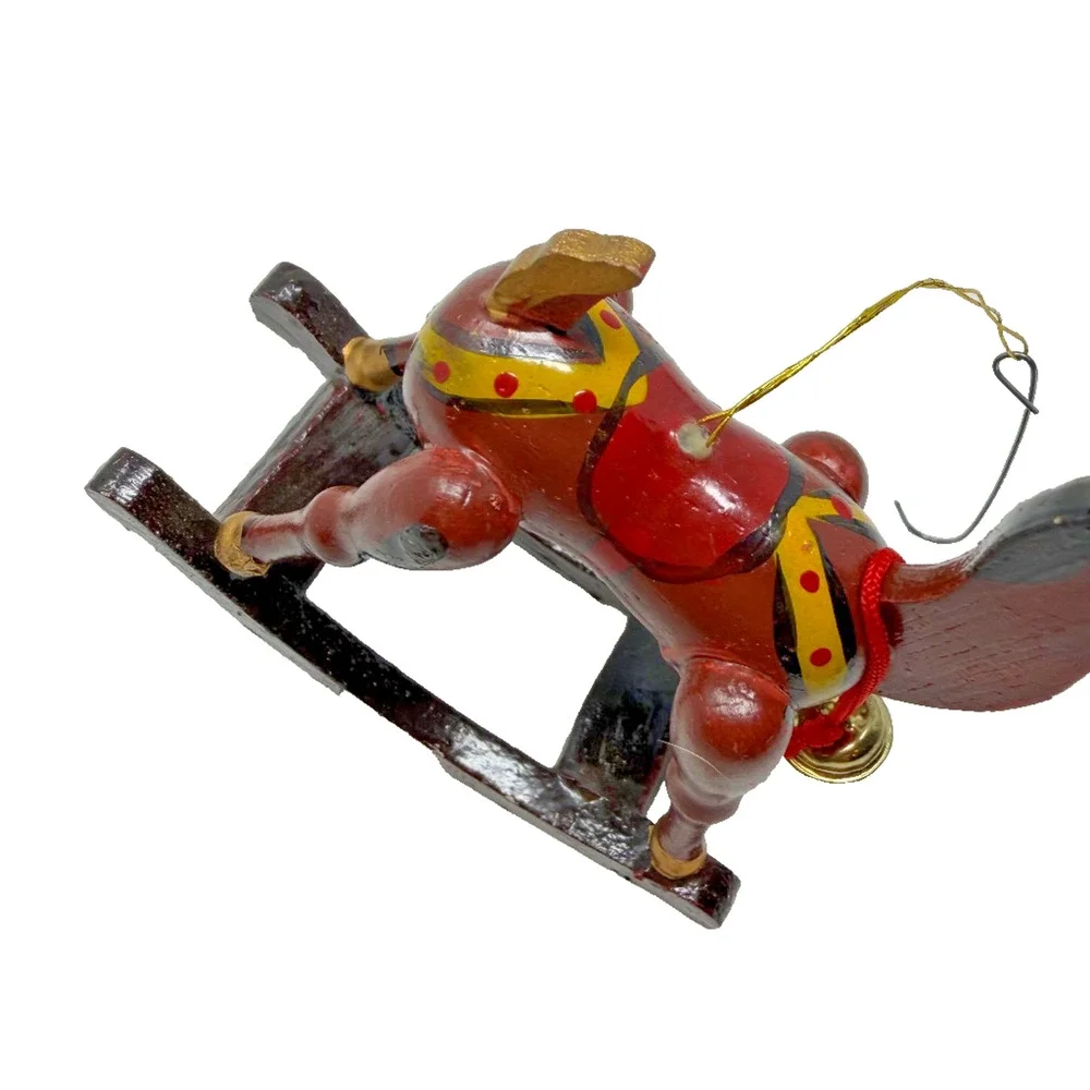 Vintage Hand Painted Wooden Rocking Reindeer Ornament w/ Bell 4.5